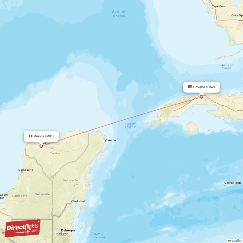 Havana - Merida direct flight map