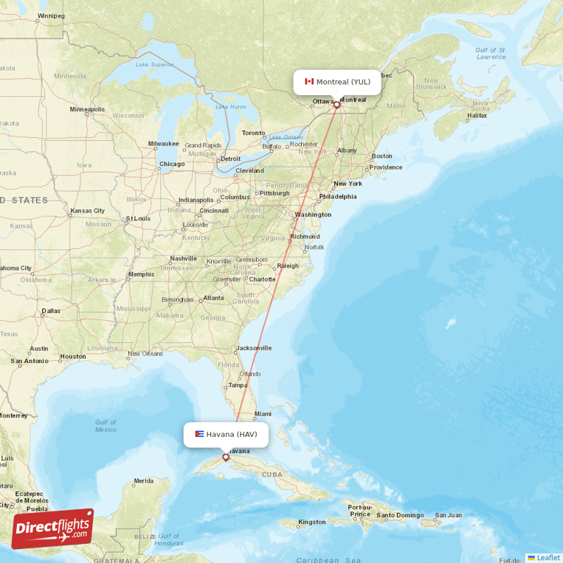 Havana - Montreal direct flight map