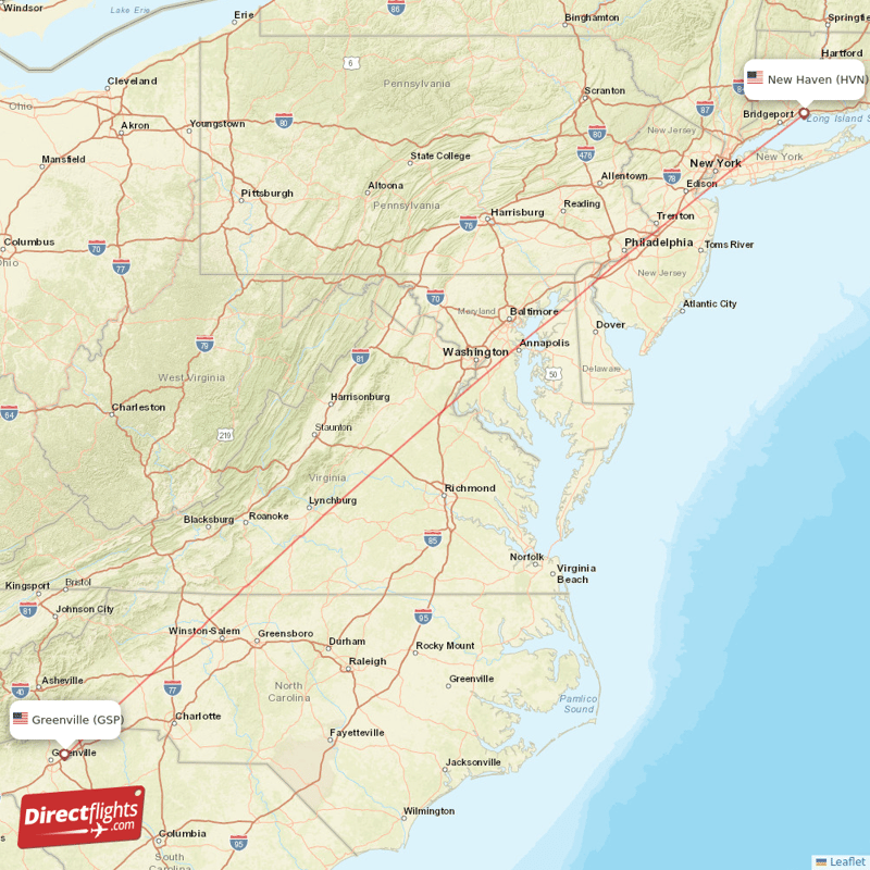 New Haven - Greenville direct flight map