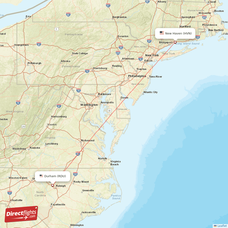 New Haven - Raleigh/Durham direct flight map