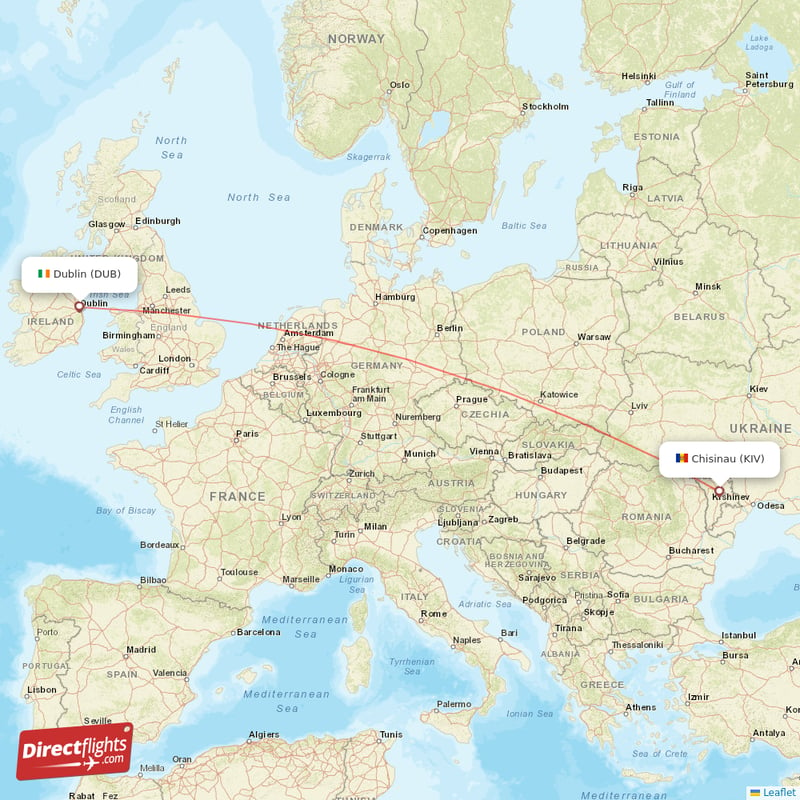 Chisinau - Dublin direct flight map
