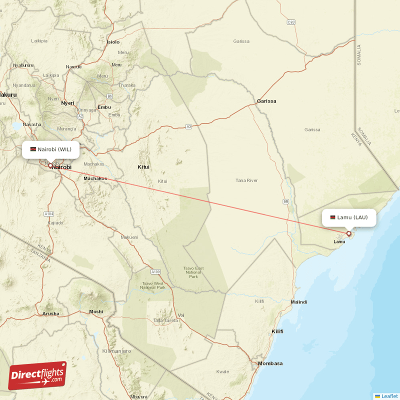 Lamu - Nairobi direct flight map