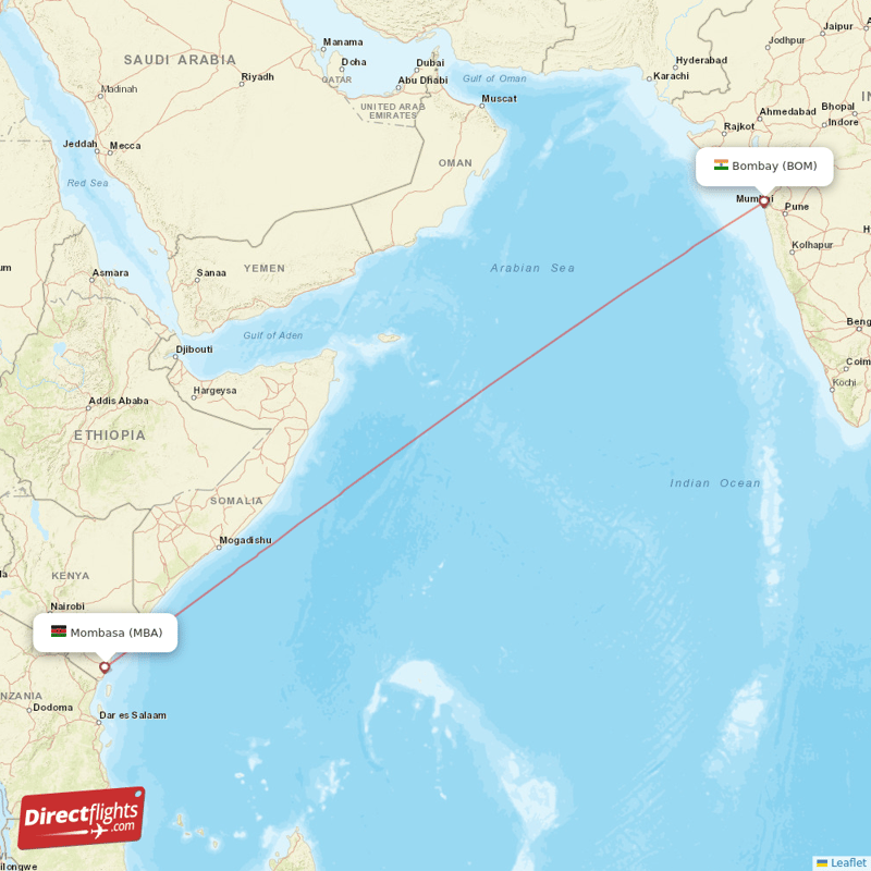 Mombasa - Mumbai direct flight map