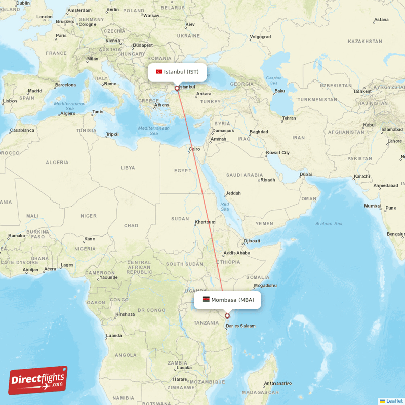Mombasa - Istanbul direct flight map