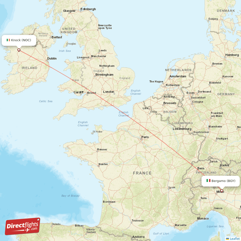 Knock - Milan direct flight map