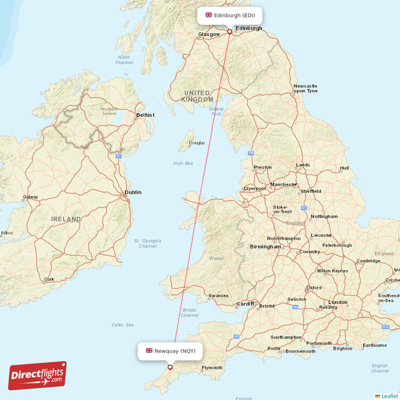 Newquay - Edinburgh direct flight map