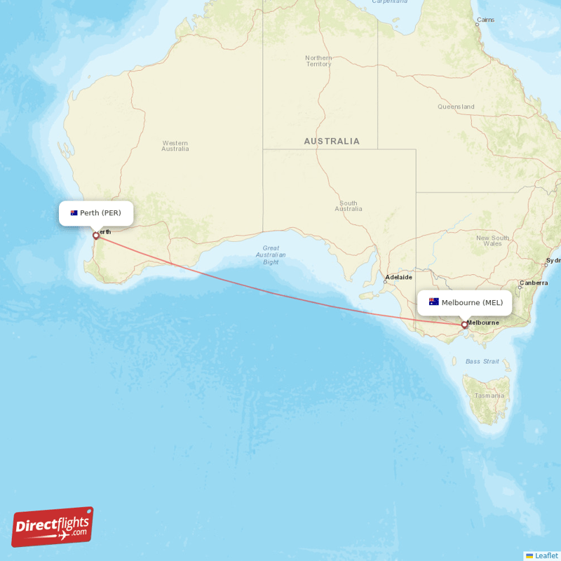 Coolangatta (Gold Coast) - Perth direct flight map