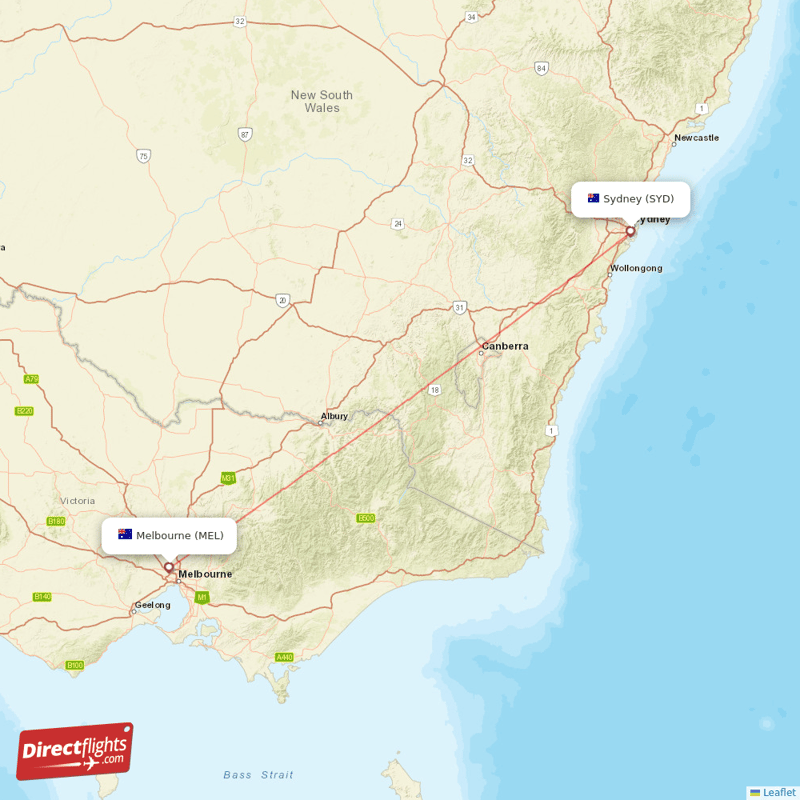 Coolangatta (Gold Coast) - Sydney direct flight map
