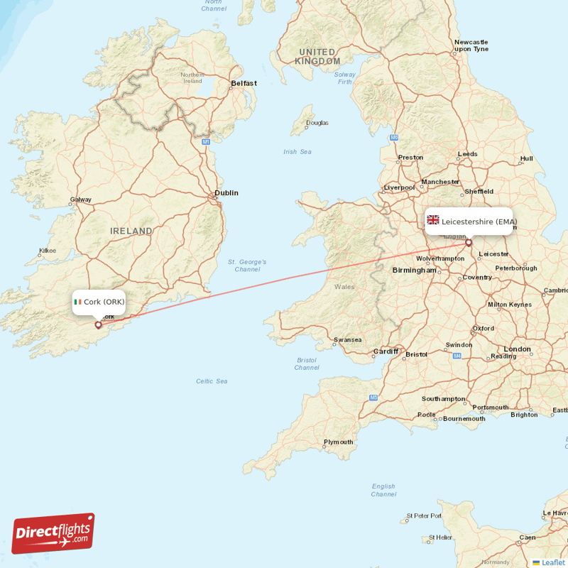 Cork - Leicestershire direct flight map