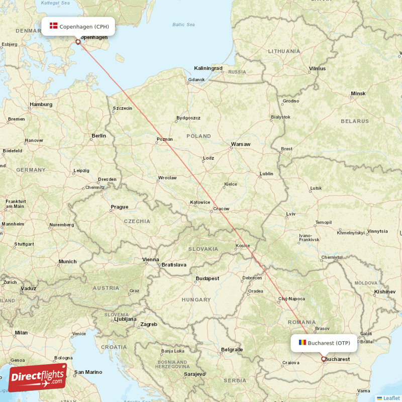 Copenhagen - Bucharest direct flight map