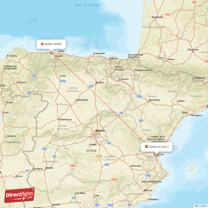 Valencia - Asturias direct flight map