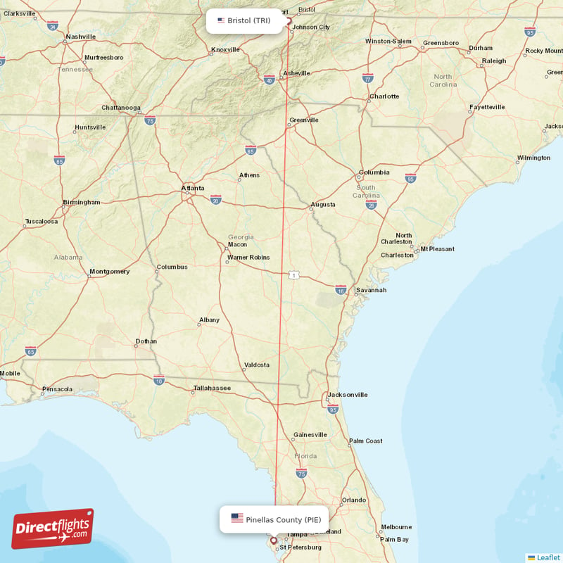 Saint Petersburg - Bristol, VA/Johnson City/Kingsport direct flight map