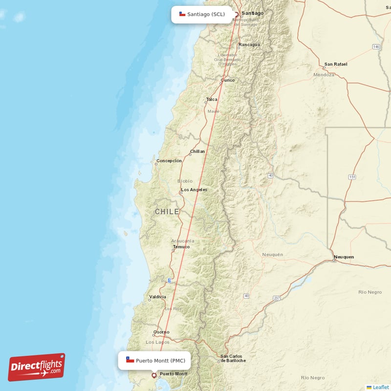 Puerto Montt - Santiago direct flight map