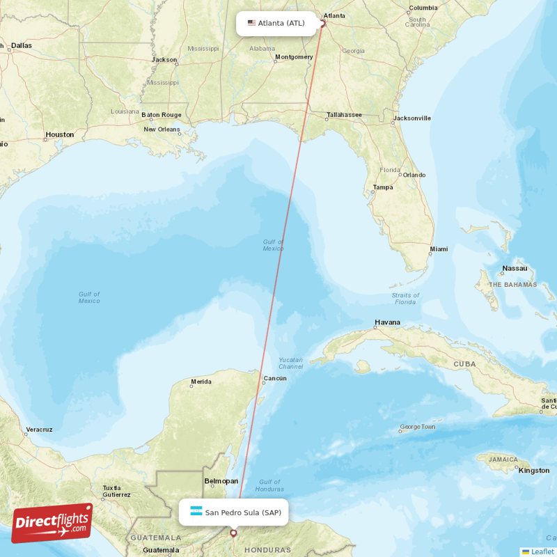 San Pedro Sula - Atlanta direct flight map