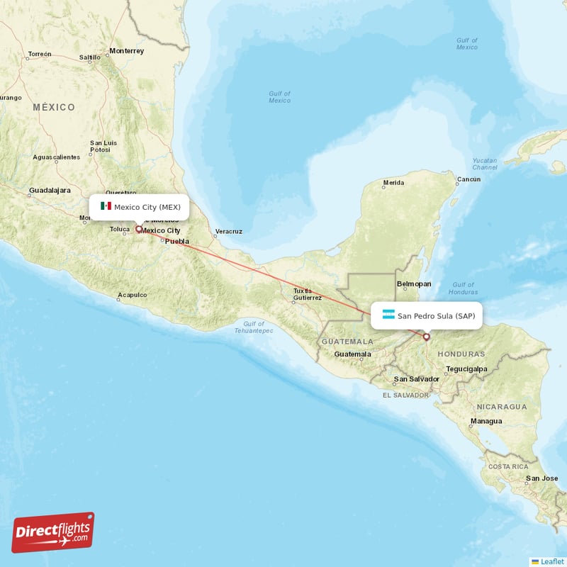 San Pedro Sula - Mexico City direct flight map