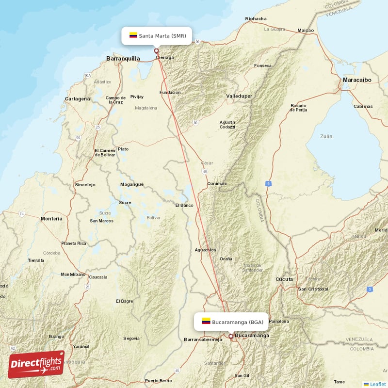 Santa Marta - Bucaramanga direct flight map