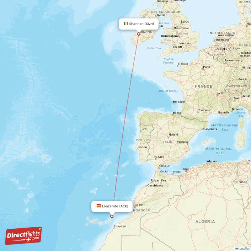 Shannon - Lanzarote direct flight map