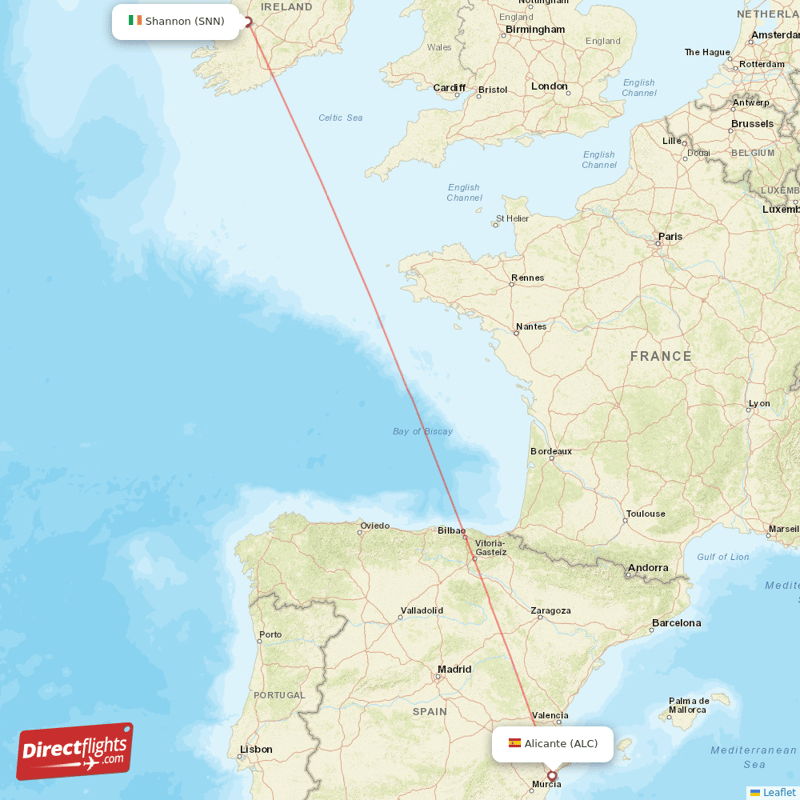 Shannon - Alicante direct flight map