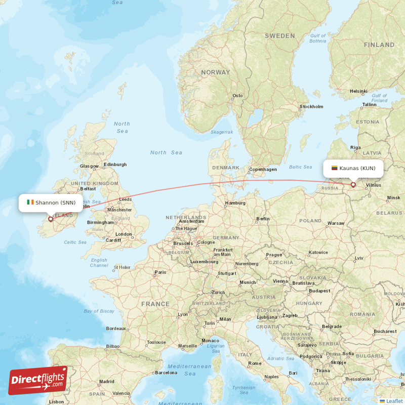 Shannon - Kaunas direct flight map