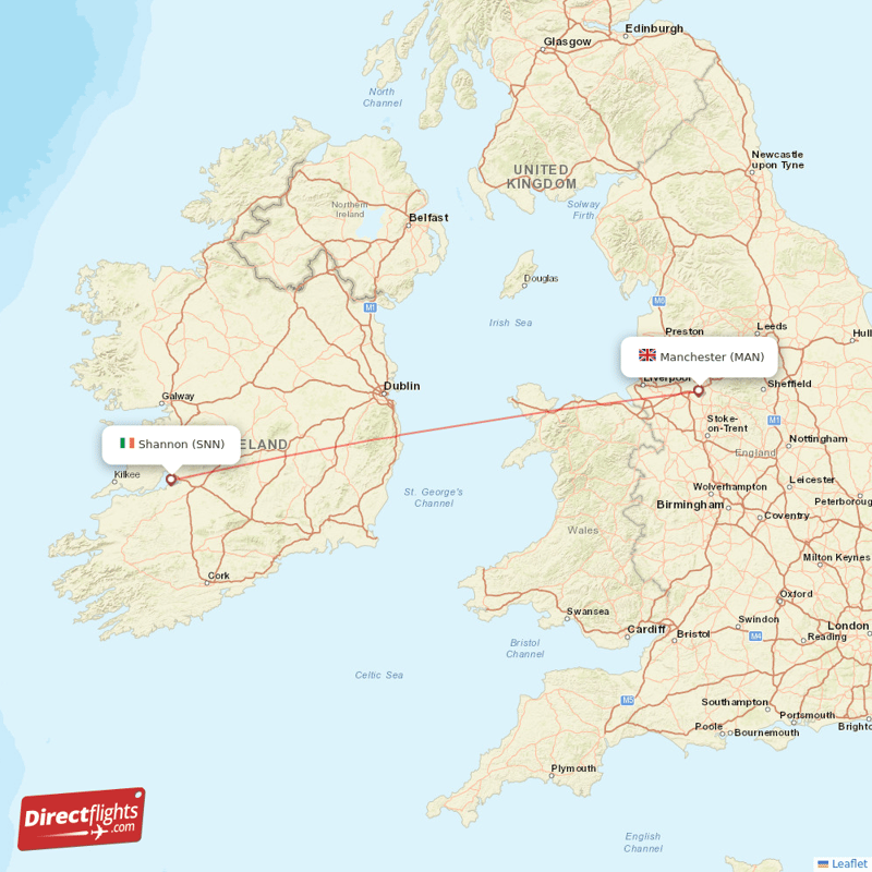 Shannon - Manchester direct flight map