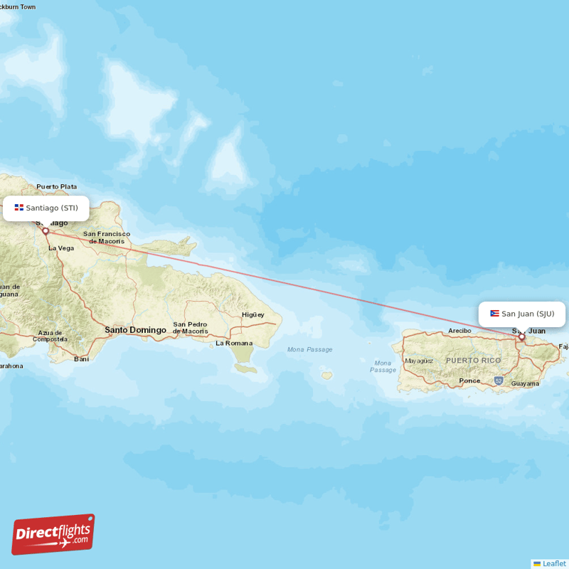 Santiago - San Juan direct flight map