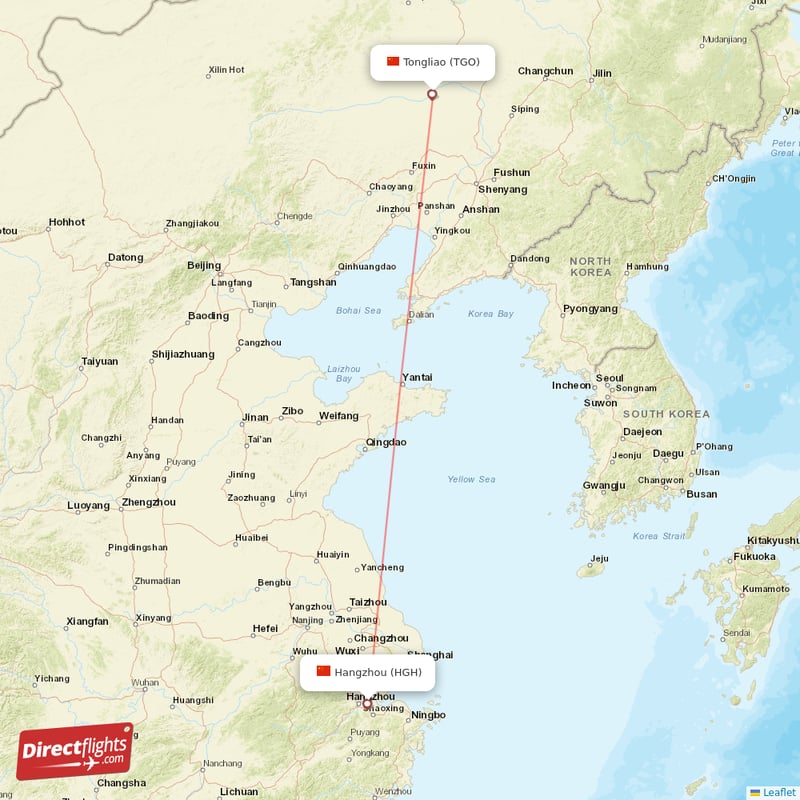 Tongliao - Hangzhou direct flight map