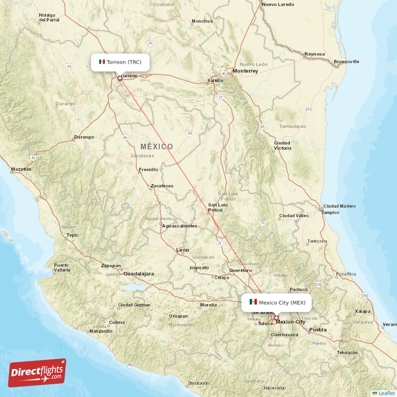 Torreon - Mexico City direct flight map