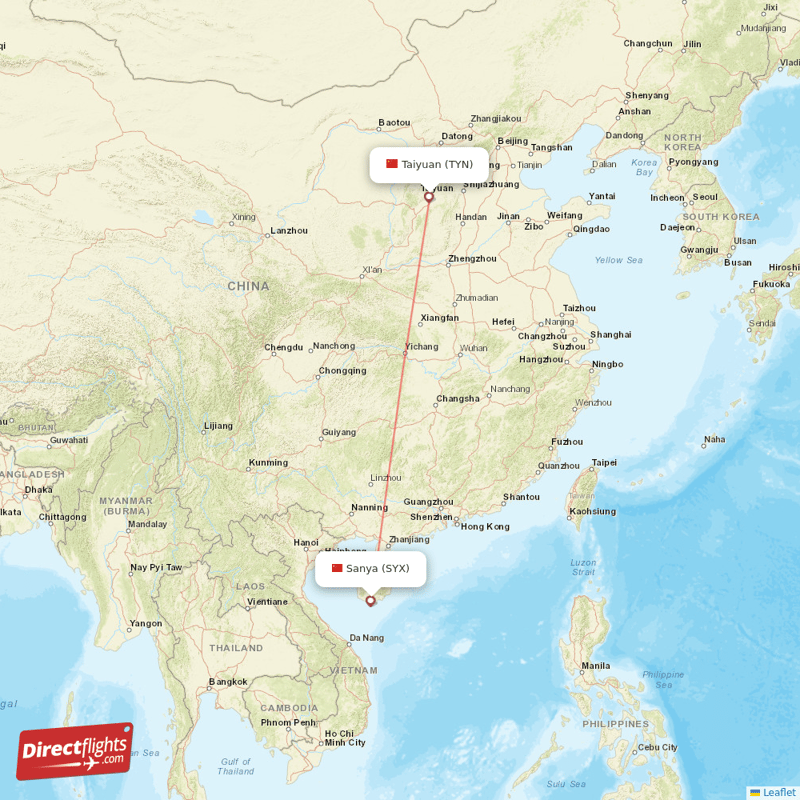 Taiyuan - Sanya direct flight map