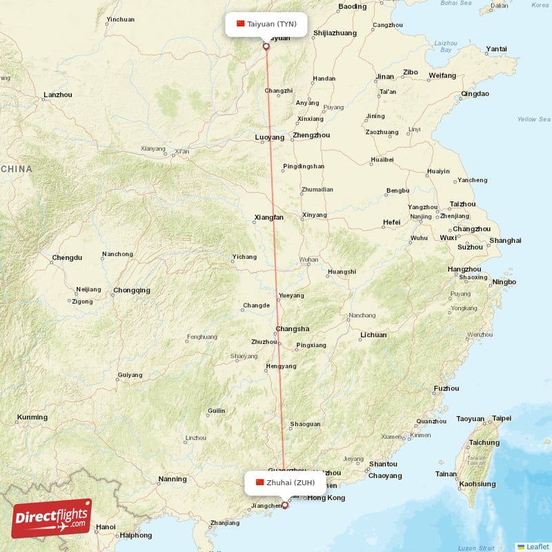 Taiyuan - Zhuhai direct flight map