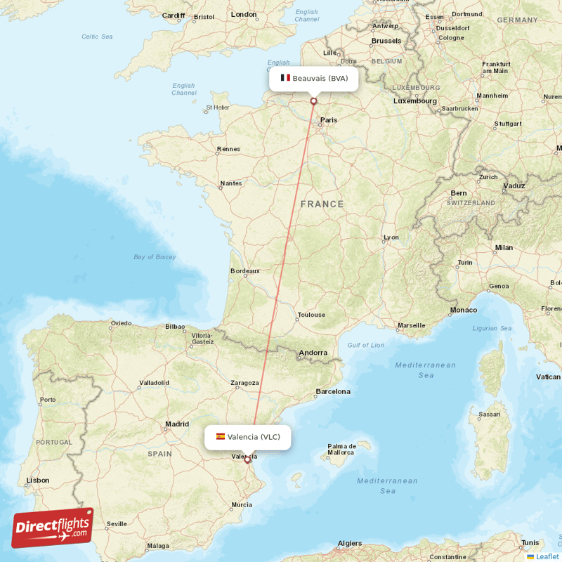 Valencia - Paris direct flight map