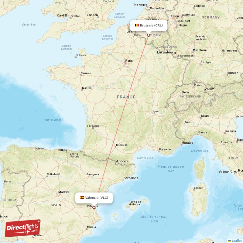 Valencia - Brussels direct flight map