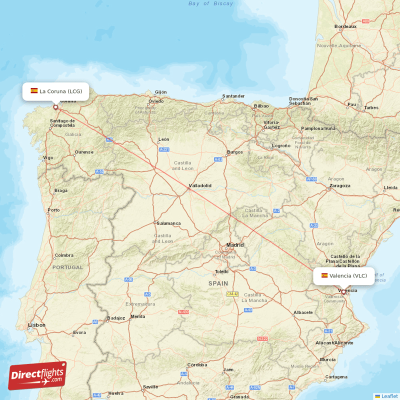 Valencia - La Coruna direct flight map