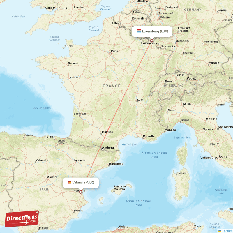 Valencia - Luxembourg direct flight map