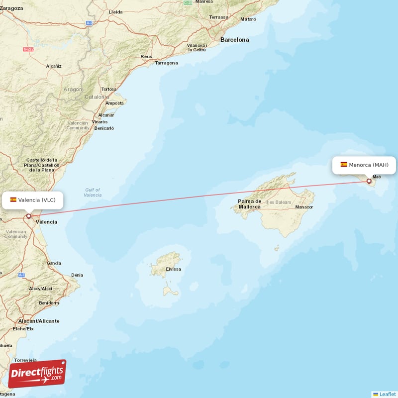 Valencia - Menorca direct flight map