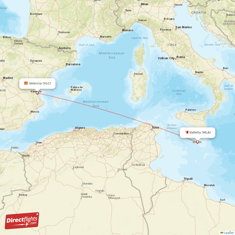 Valencia - Malta direct flight map