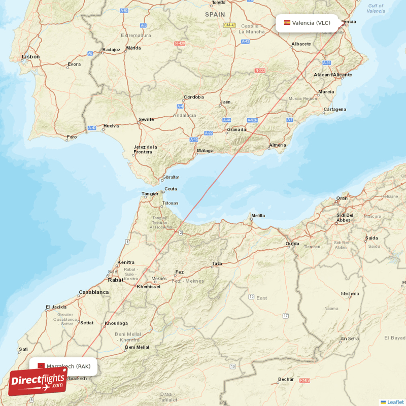 Valencia - Marrakech direct flight map