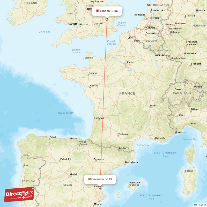 Valencia - London direct flight map