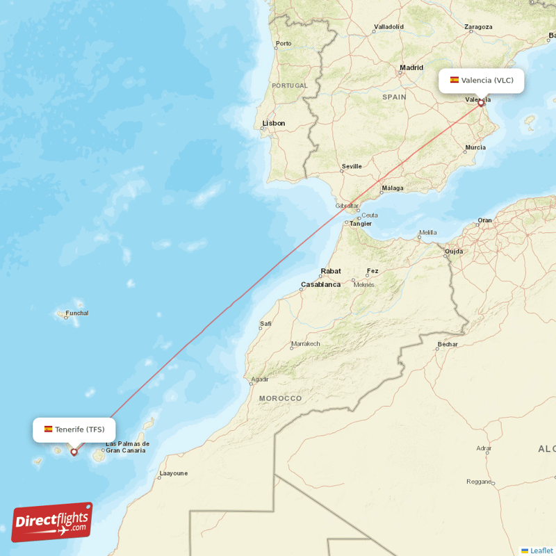 Valencia - Tenerife direct flight map
