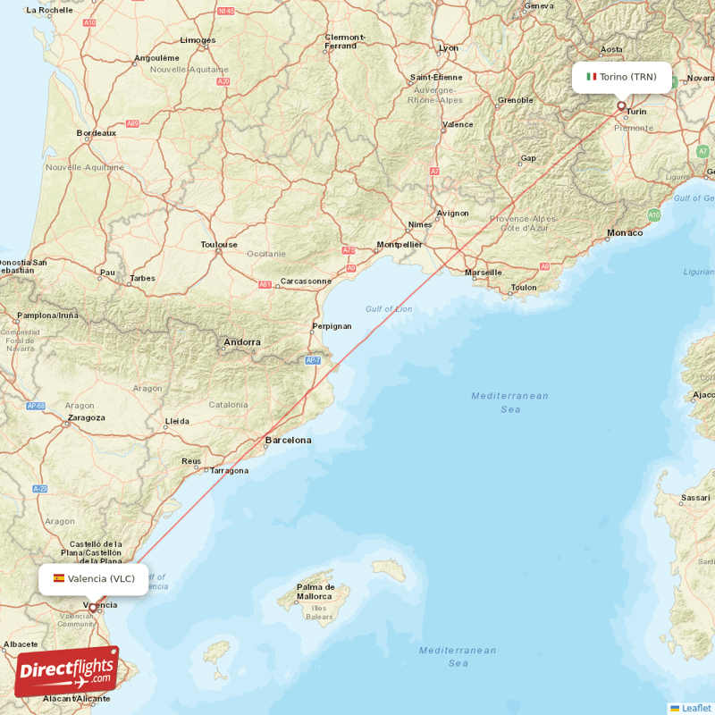 Valencia - Turin direct flight map