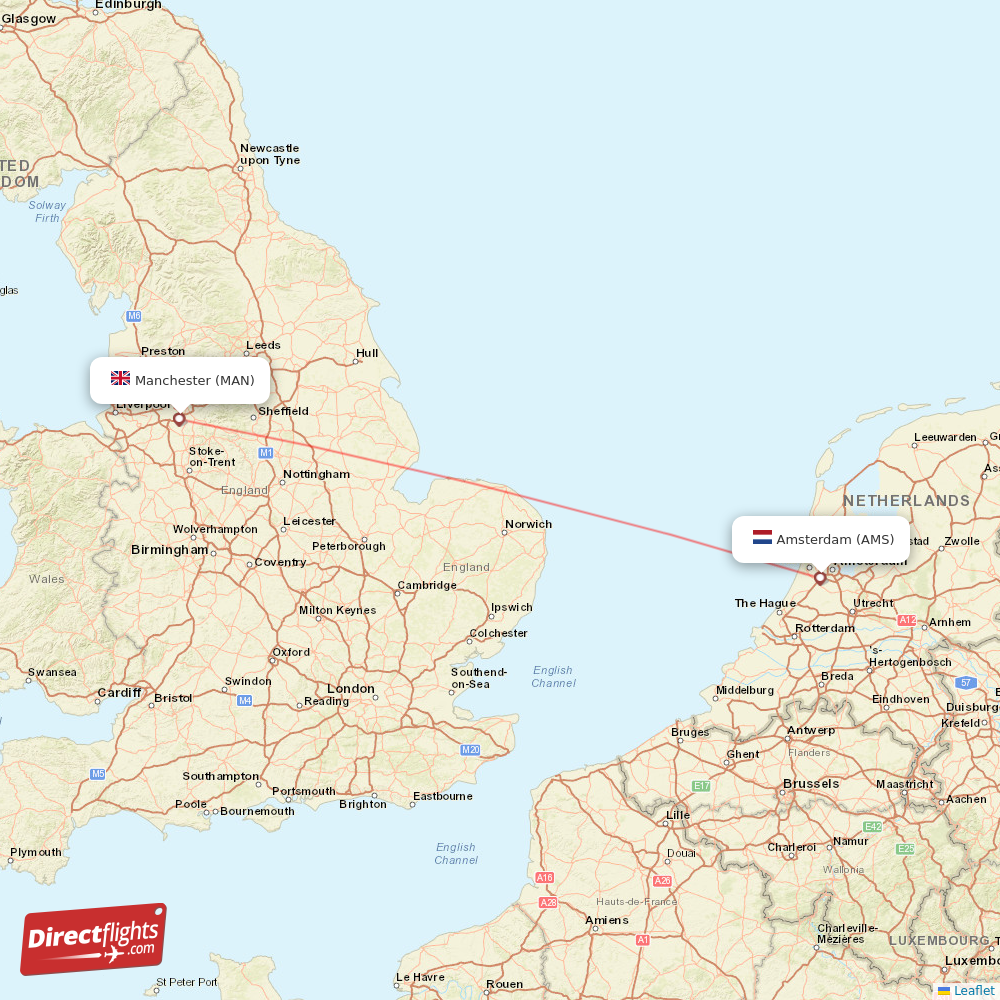 Amsterdam - Manchester direct flight map