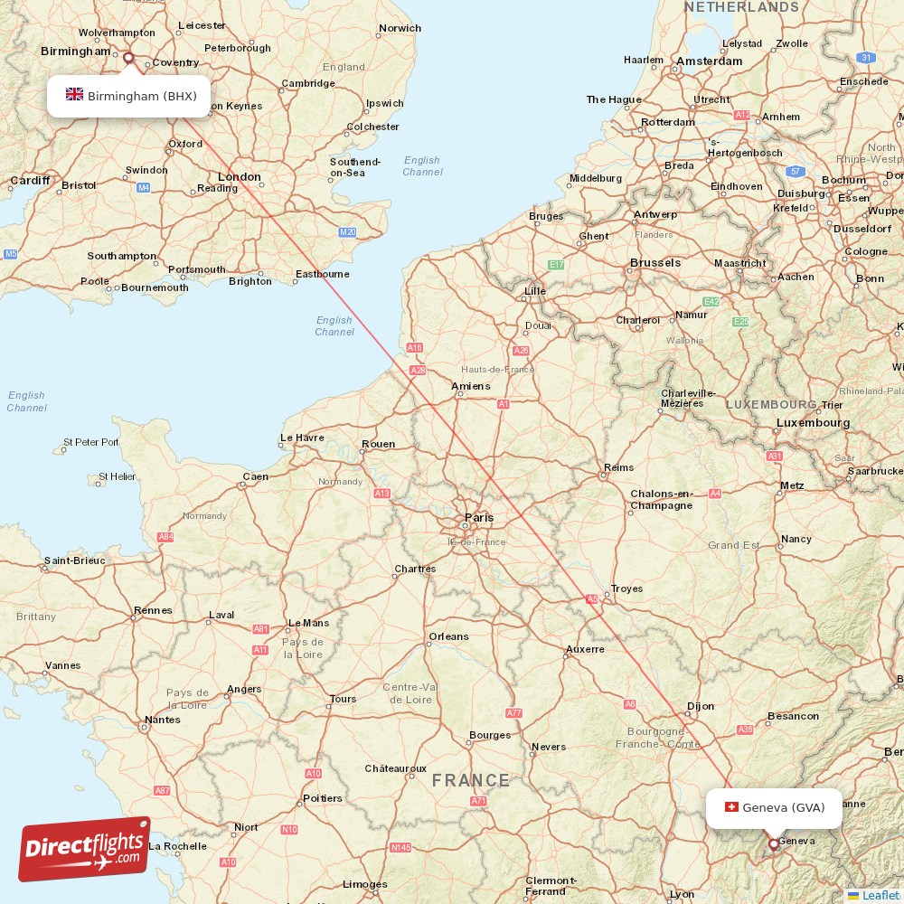 Geneva - Birmingham direct flight map