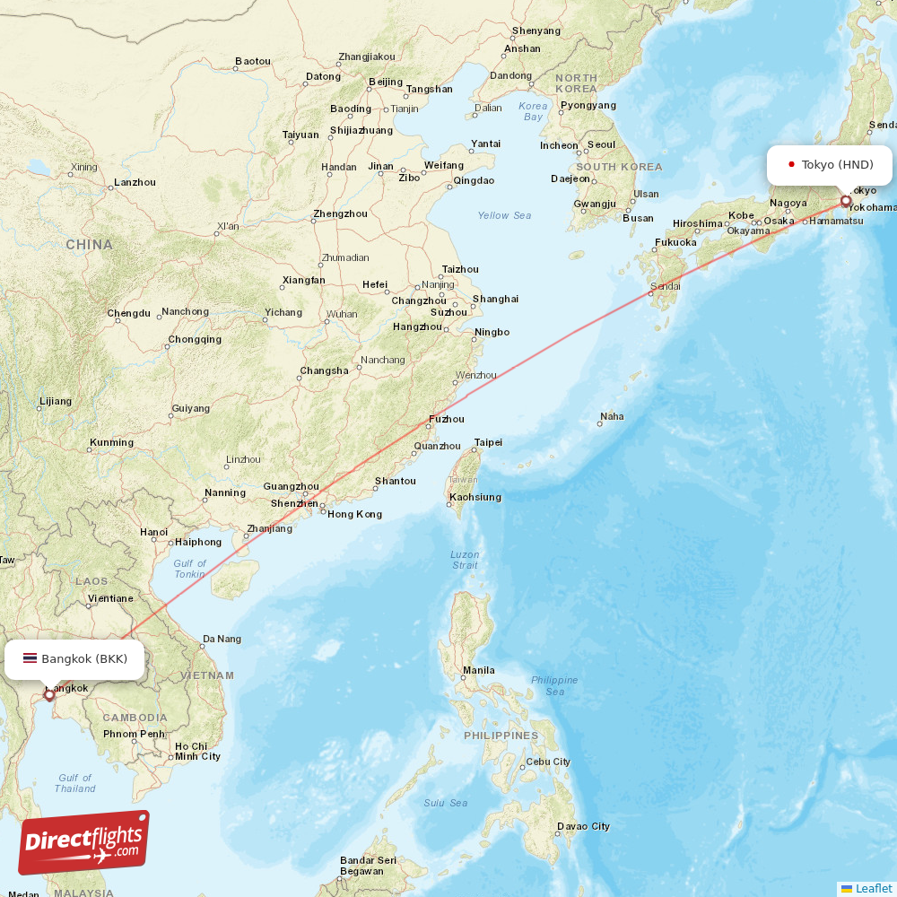 Bangkok - Tokyo direct flight map