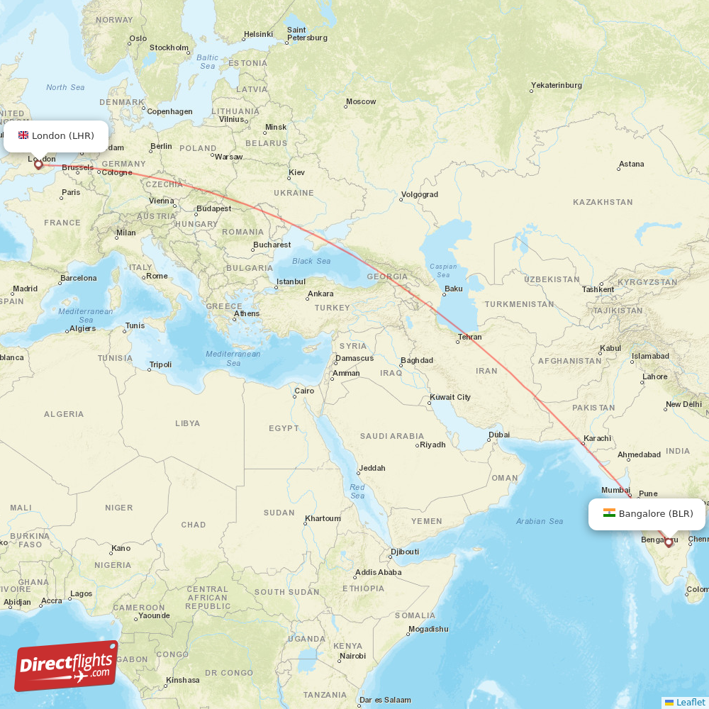 London - Bangalore direct flight map