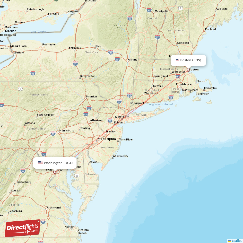 Boston - Washington direct flight map