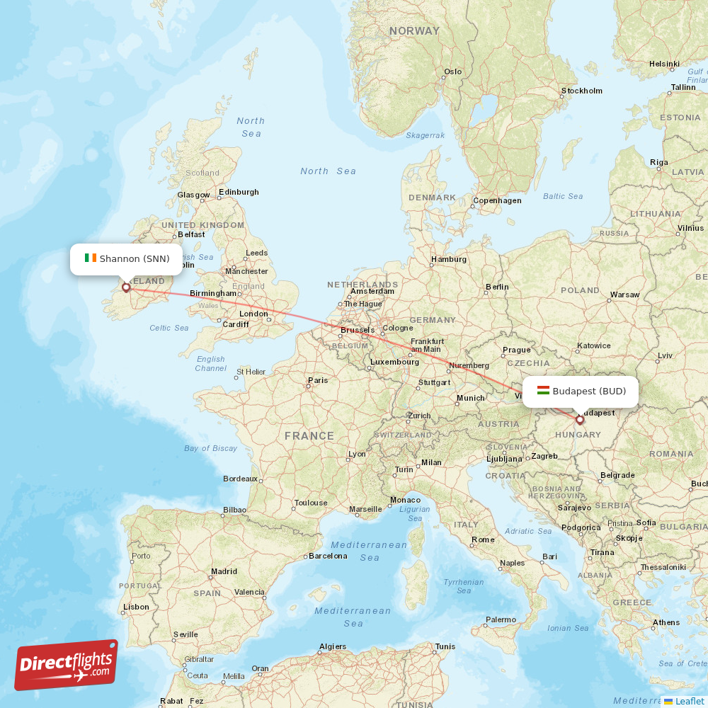 Budapest - Shannon direct flight map
