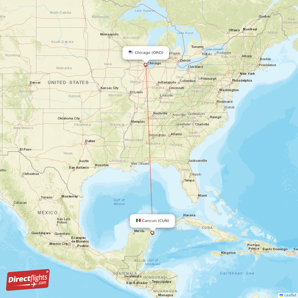 Cancun - Chicago direct flight map