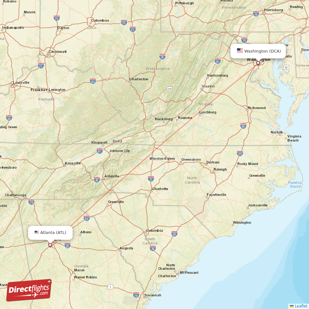 Washington - Atlanta direct flight map