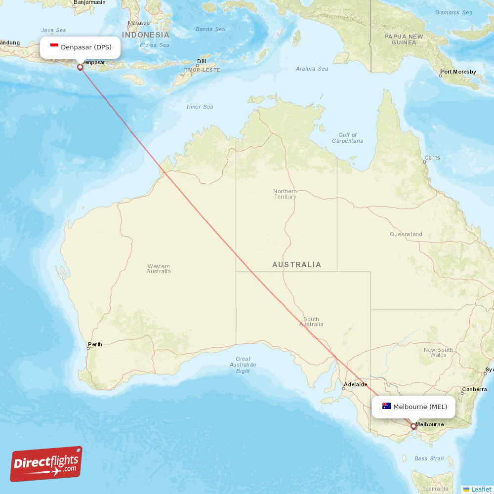 Denpasar - Melbourne direct flight map