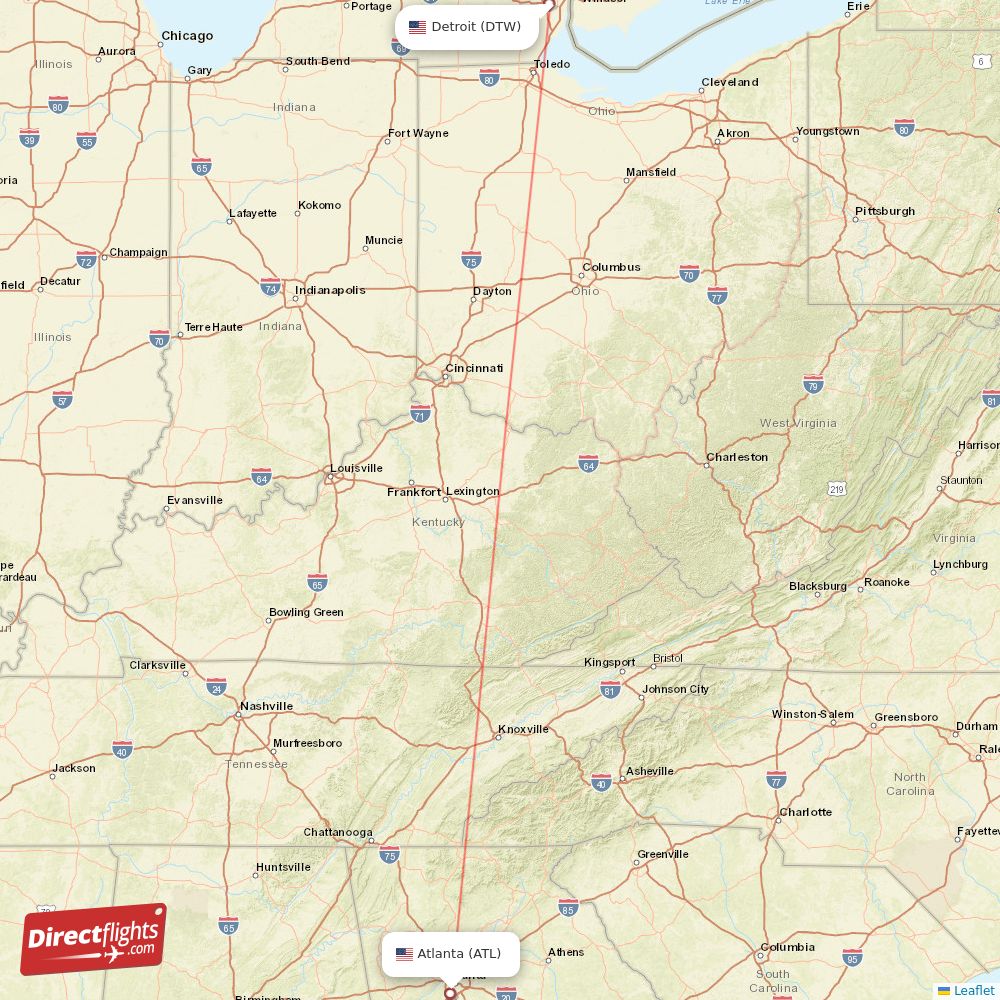 Detroit - Atlanta direct flight map