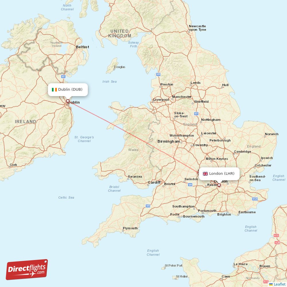 Dublin - London direct flight map